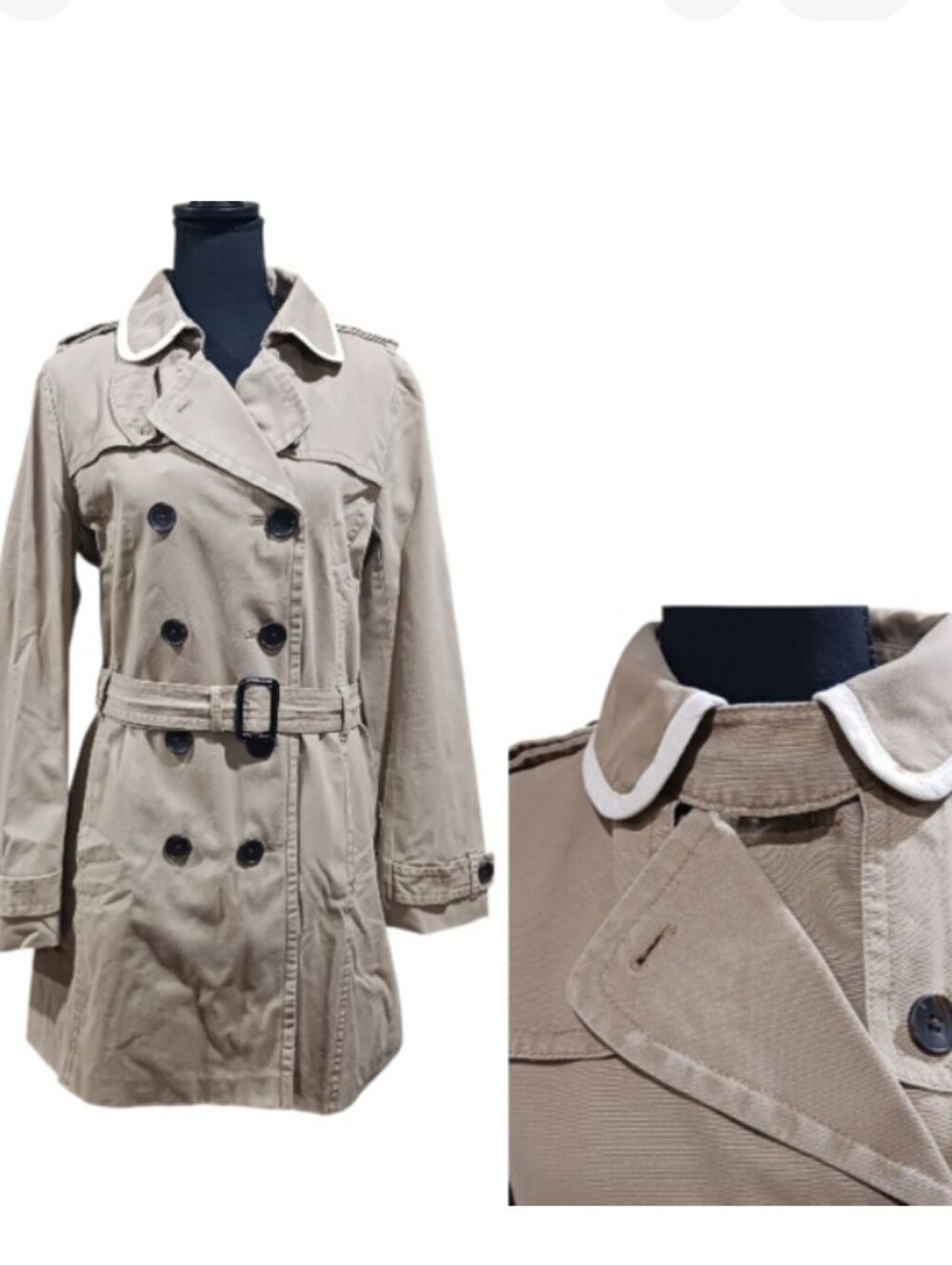 Gap Trench Coat Khaki Cream Trim Collar